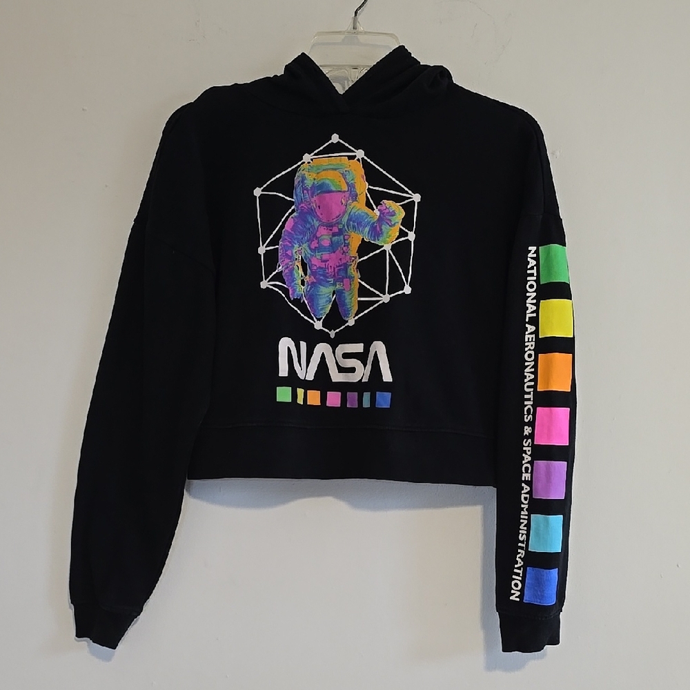 NASA Cropped Black Hoodie with Colorful Astronaut Design Size Small